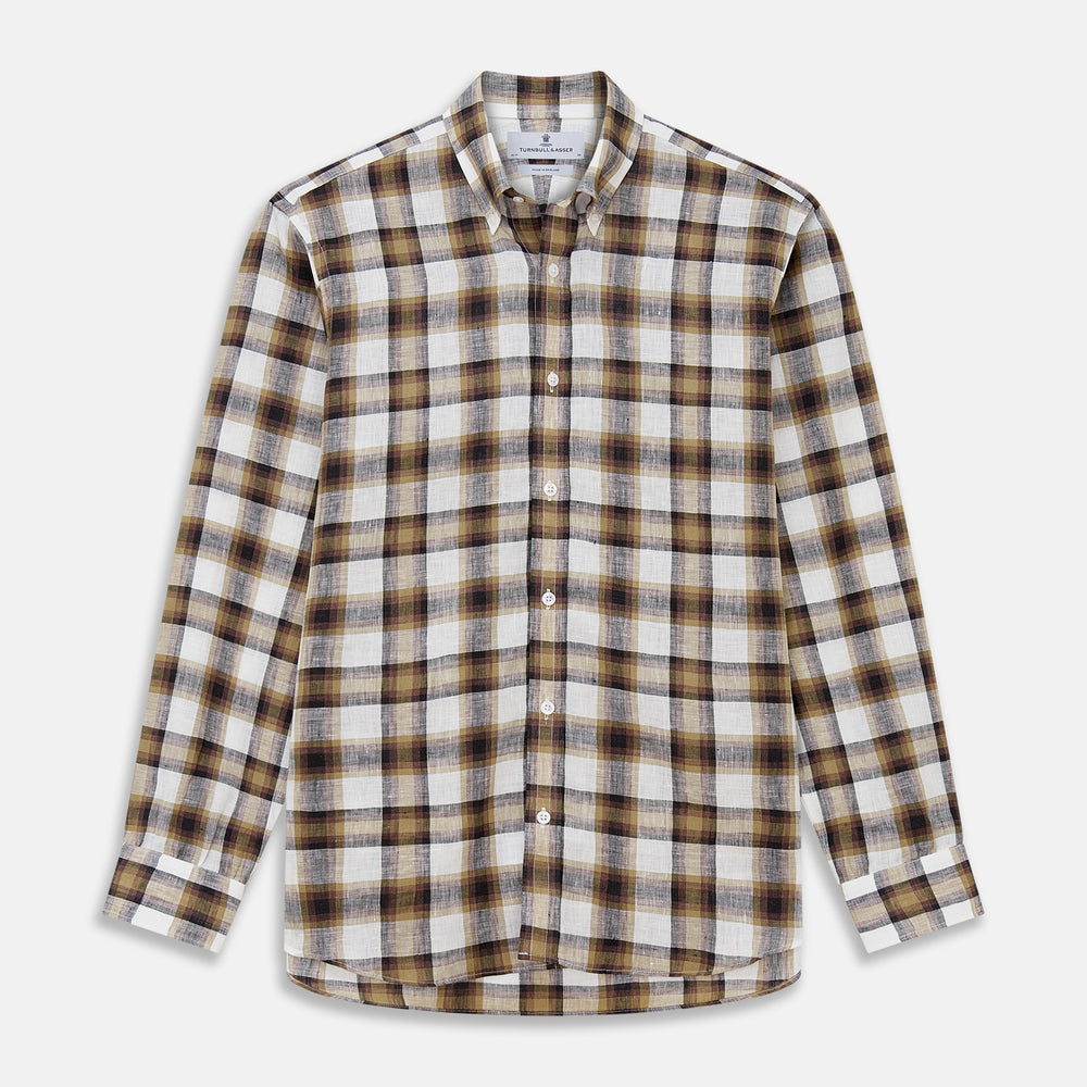 Brown Multi Check Linen Weekend Fit Hayne Shirt