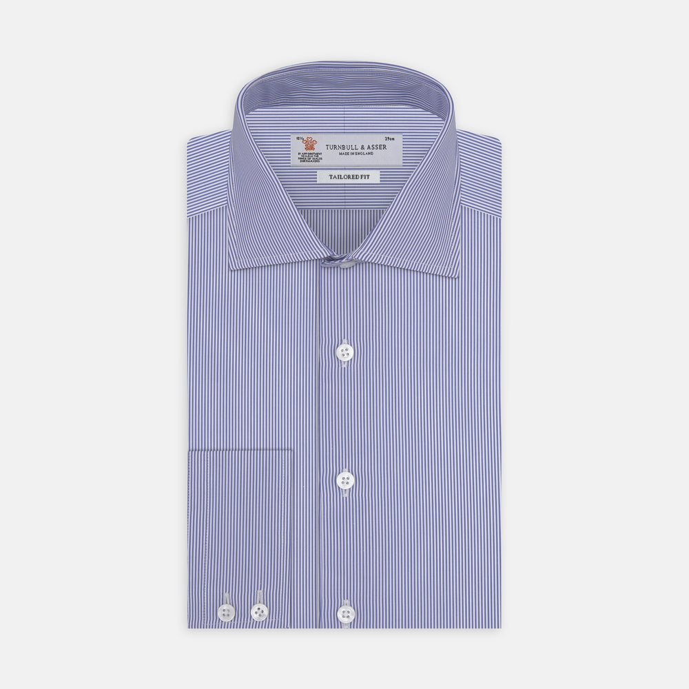 Tailored Fit Blue Fine Bengal Stripe Shirt with Kent Collar and 2-Button Cuffs