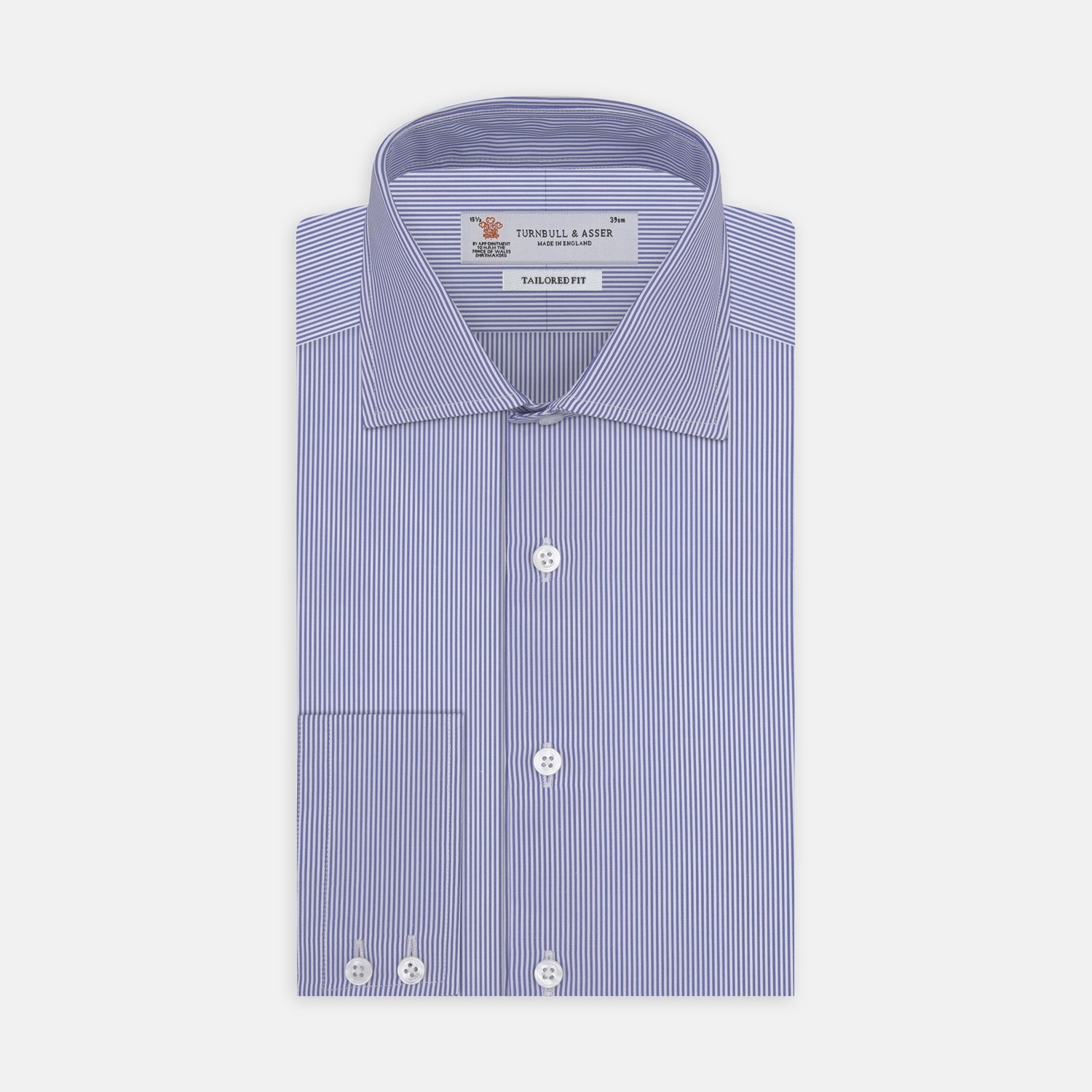 View 1 of product Tailored Fit Blue Fine Bengal Stripe Shirt with Kent Collar and 2-Button Cuffs