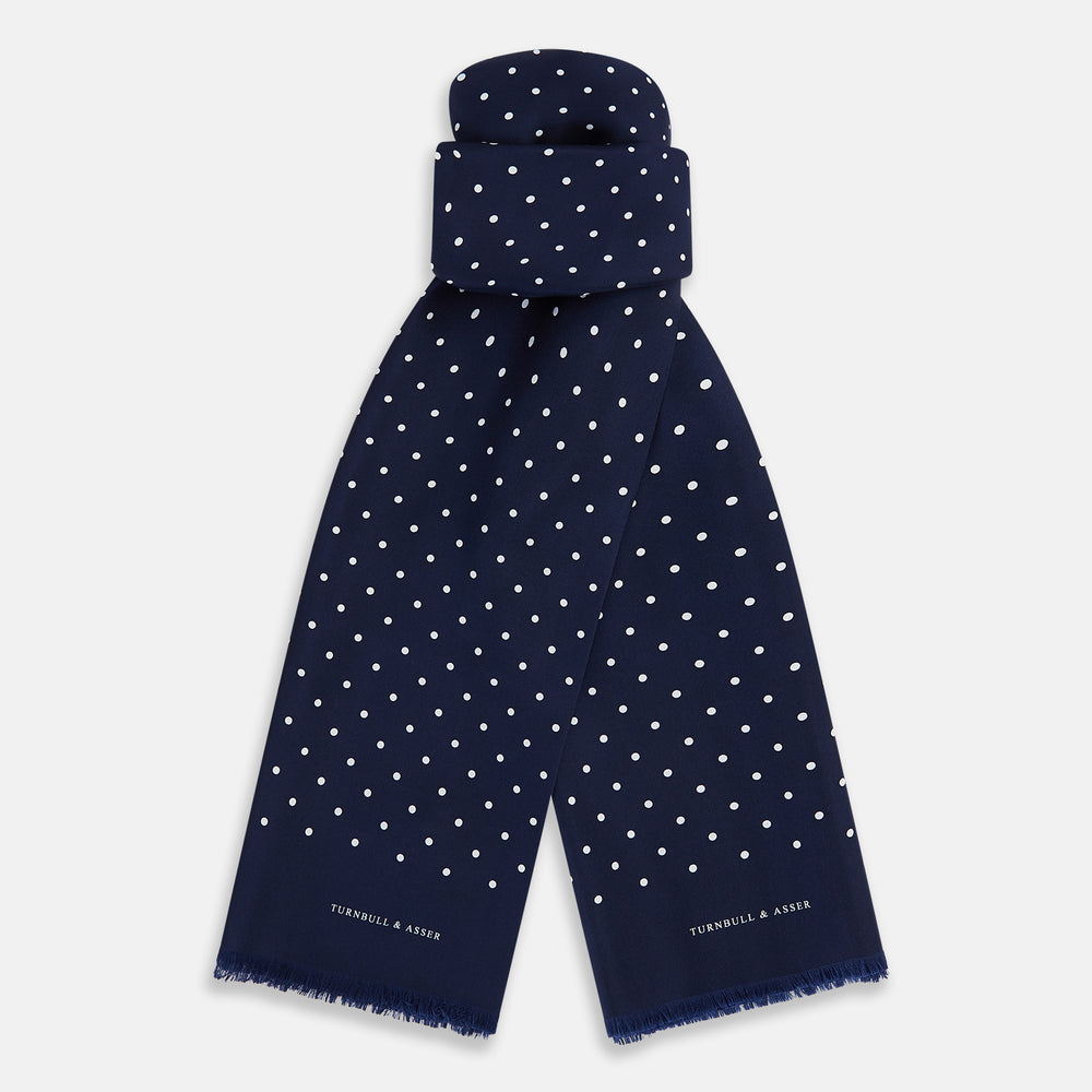 Navy and White Spotted Silk Scarf