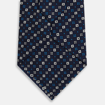 Blue and White Geometric Silk Tie Image 2