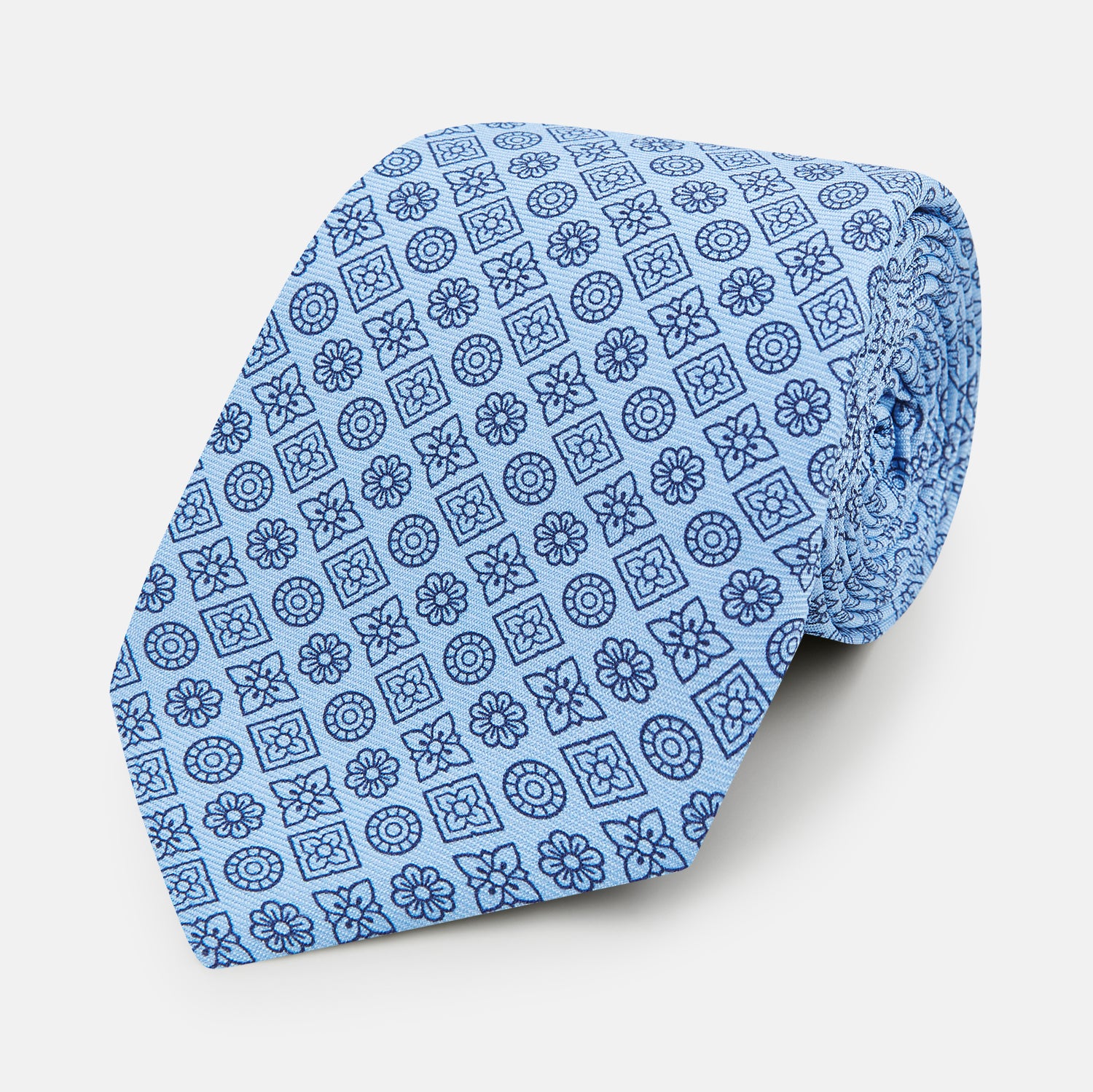 View 1 of product Blue Floral Tile Pattern Printed Silk Tie