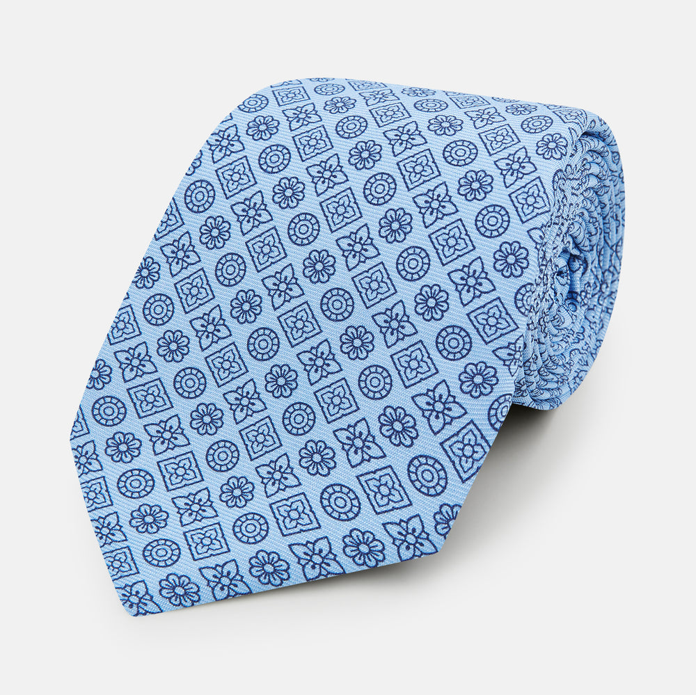 Blue Floral Tile Pattern Printed Silk Tie