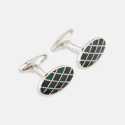 Forest Green and Navy Checkered Oval Enamel Cufflinks