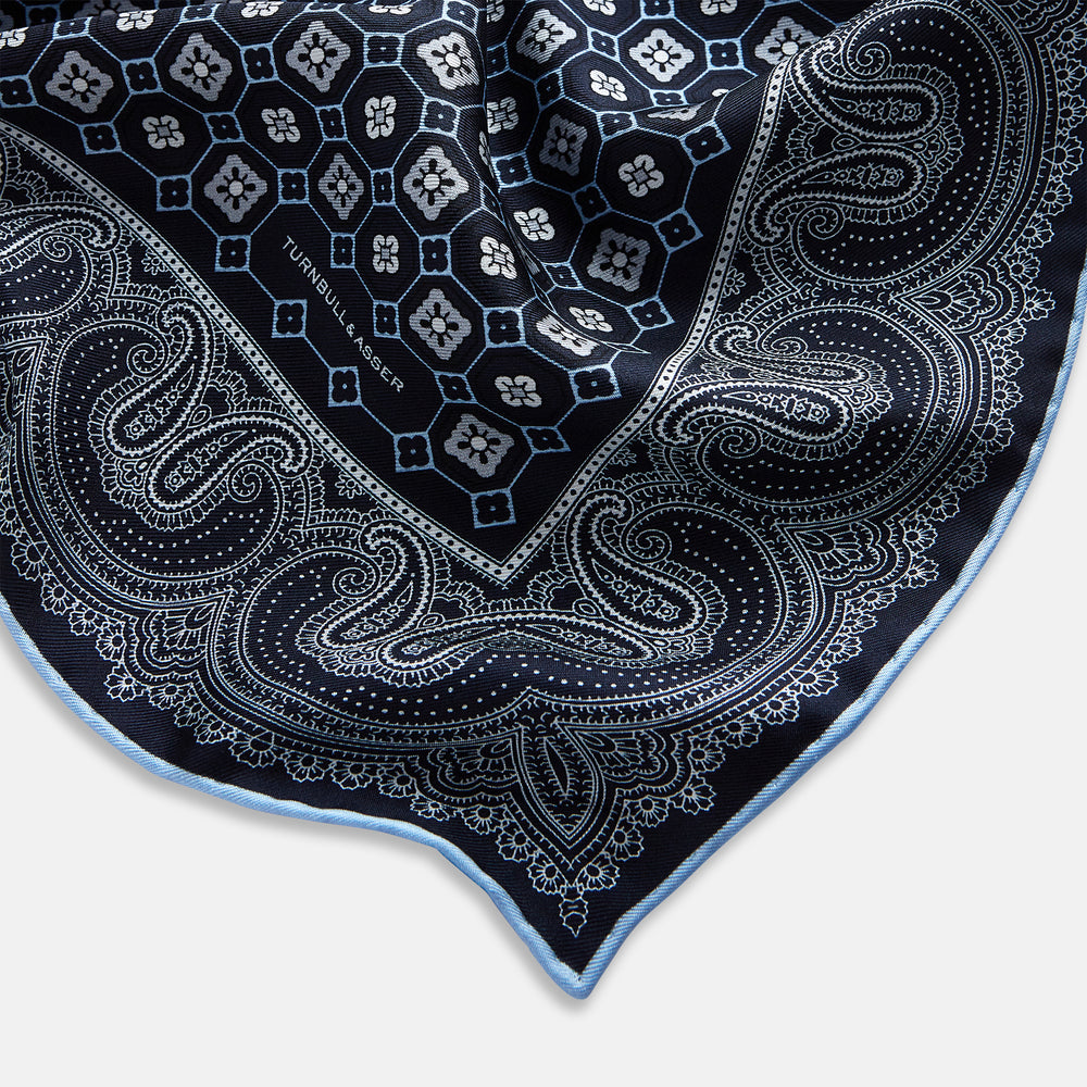 Navy Floral Tile and Paisley Silk Pocket Square