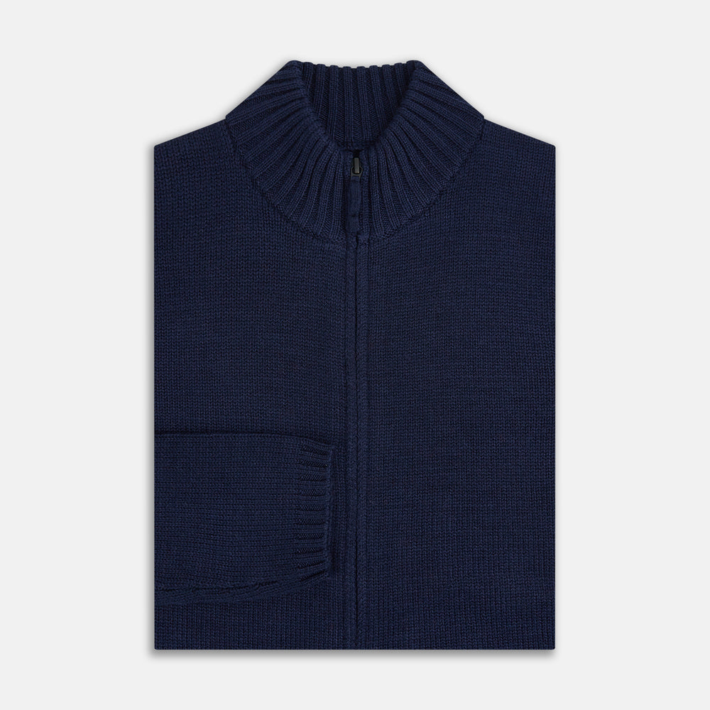 Navy High Neck Merino Zipped Cardigan
