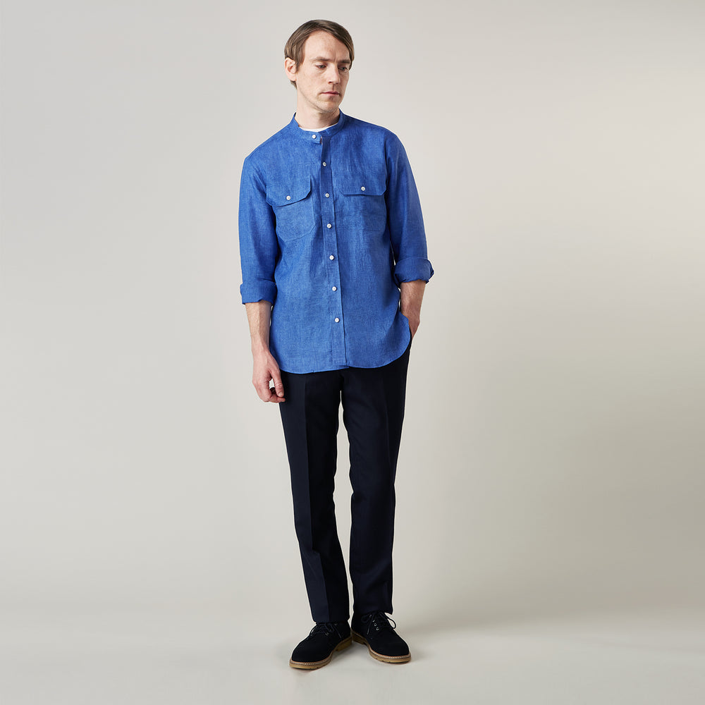 Plain Indigo Linen Weekend Fit Shirt with Stand Collar