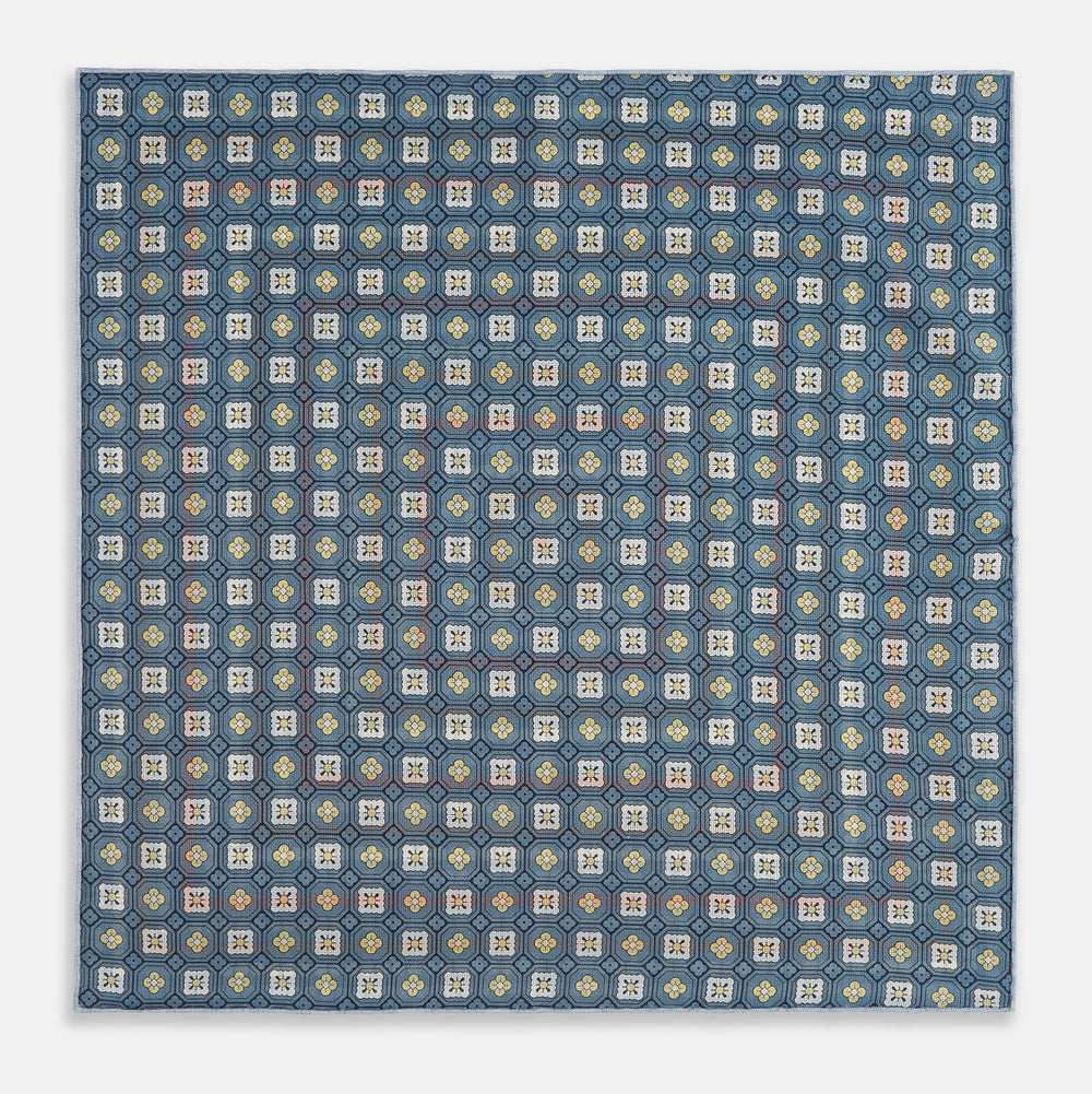 Blue Bonnet Dots and Floral Tile Double-Sided Silk Pocket Square