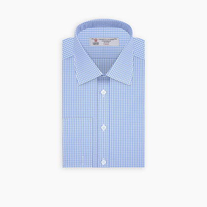 Blue and White Check Shirt with T & A Collar and Double Cuff Image 2