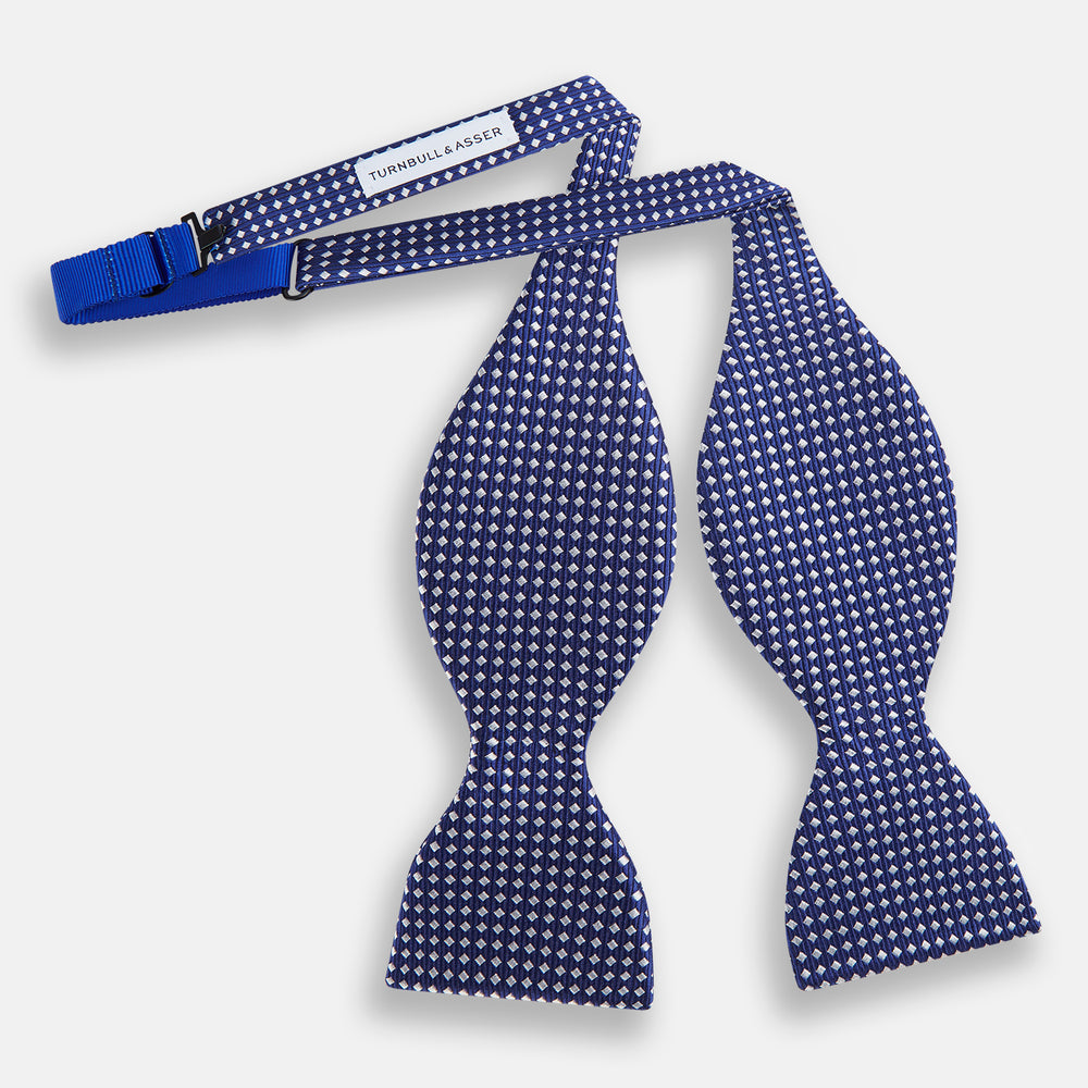 Blue and White Diamond Silk Bow Tie