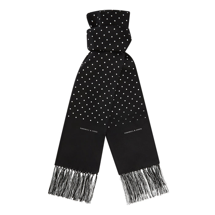 Black and White Spotted Silk Scarf with Fringes Image 3