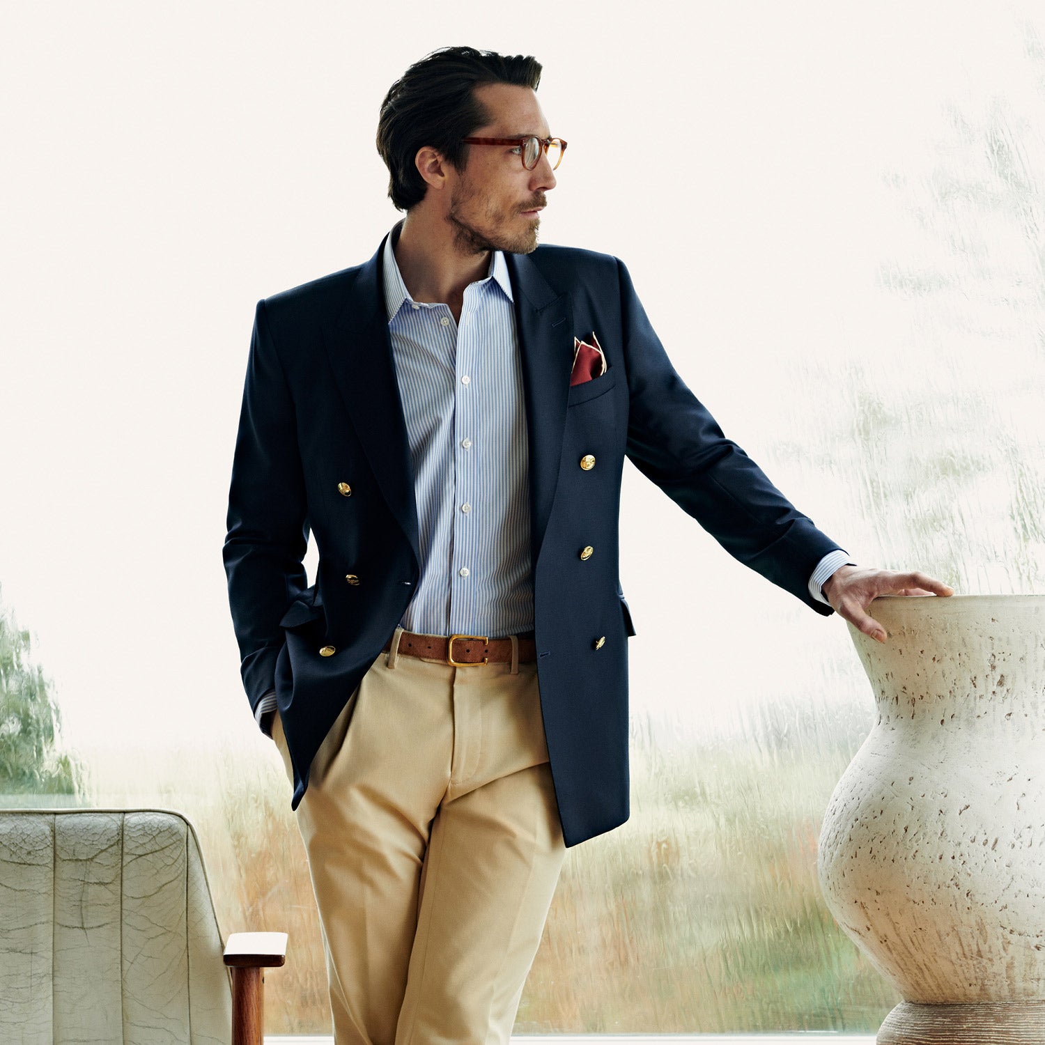 View 5 of product Navy Plain Wool Double Breasted Blazer