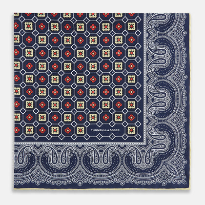 Dark Navy Floral Tile and Paisley Silk Pocket Square Image 2