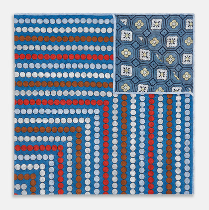 Blue Bonnet Dots and Floral Tile Double-Sided Silk Pocket Square