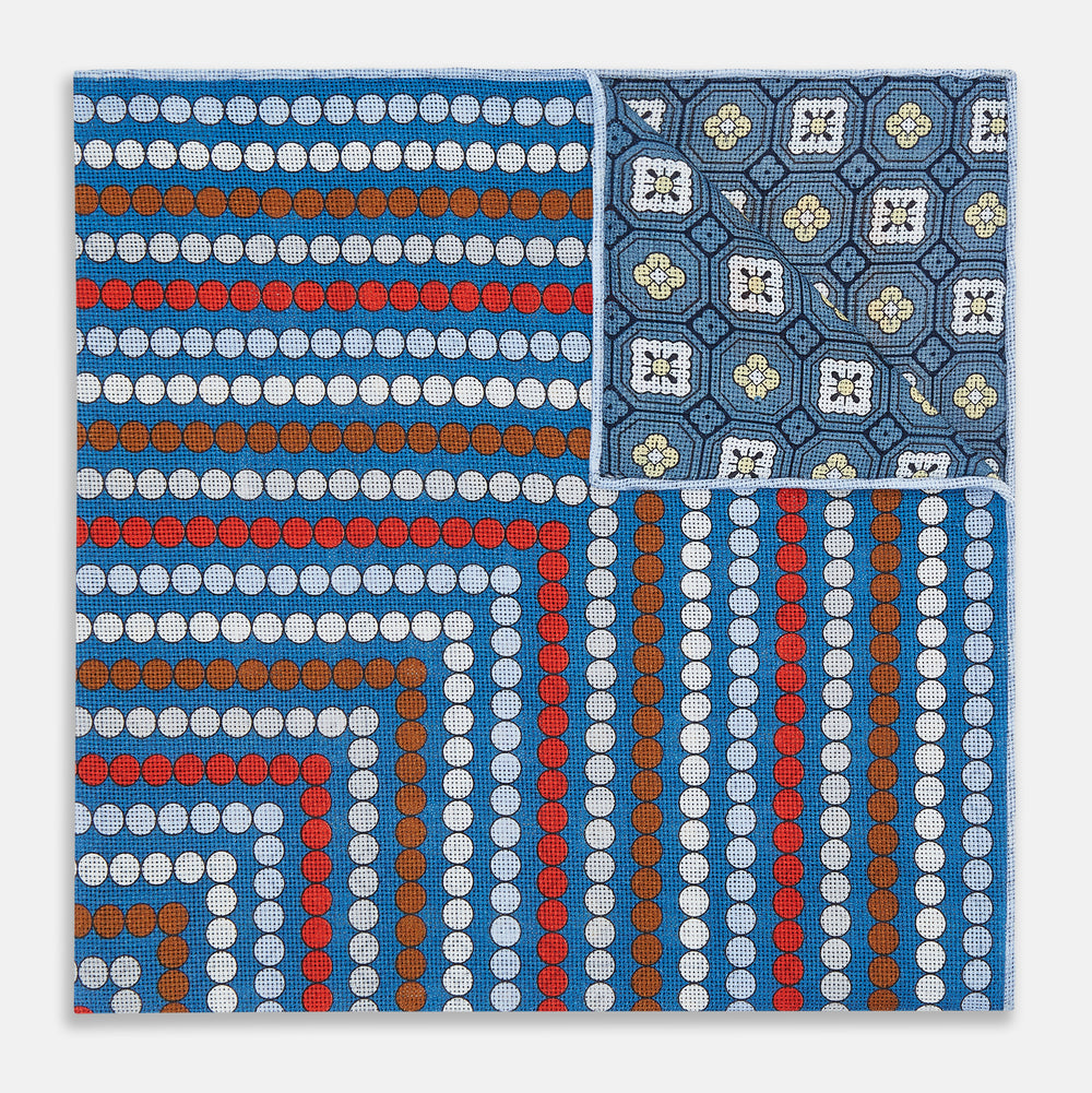 Blue Bonnet Dots and Floral Tile Double-Sided Silk Pocket Square