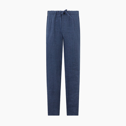 Denim Blue Linen Herringbone Miles Trousers Image 7