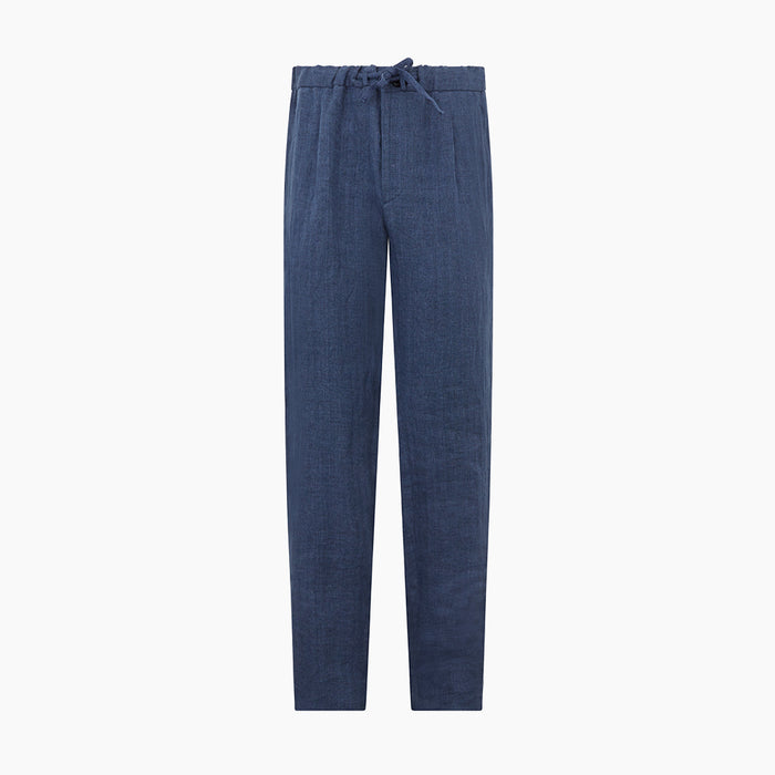Denim Blue Linen Herringbone Miles Trousers Image 7