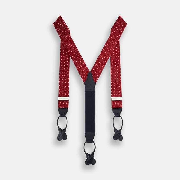 Burgundy and White Small Spot Adjustable Silk and Navy Leather Braces