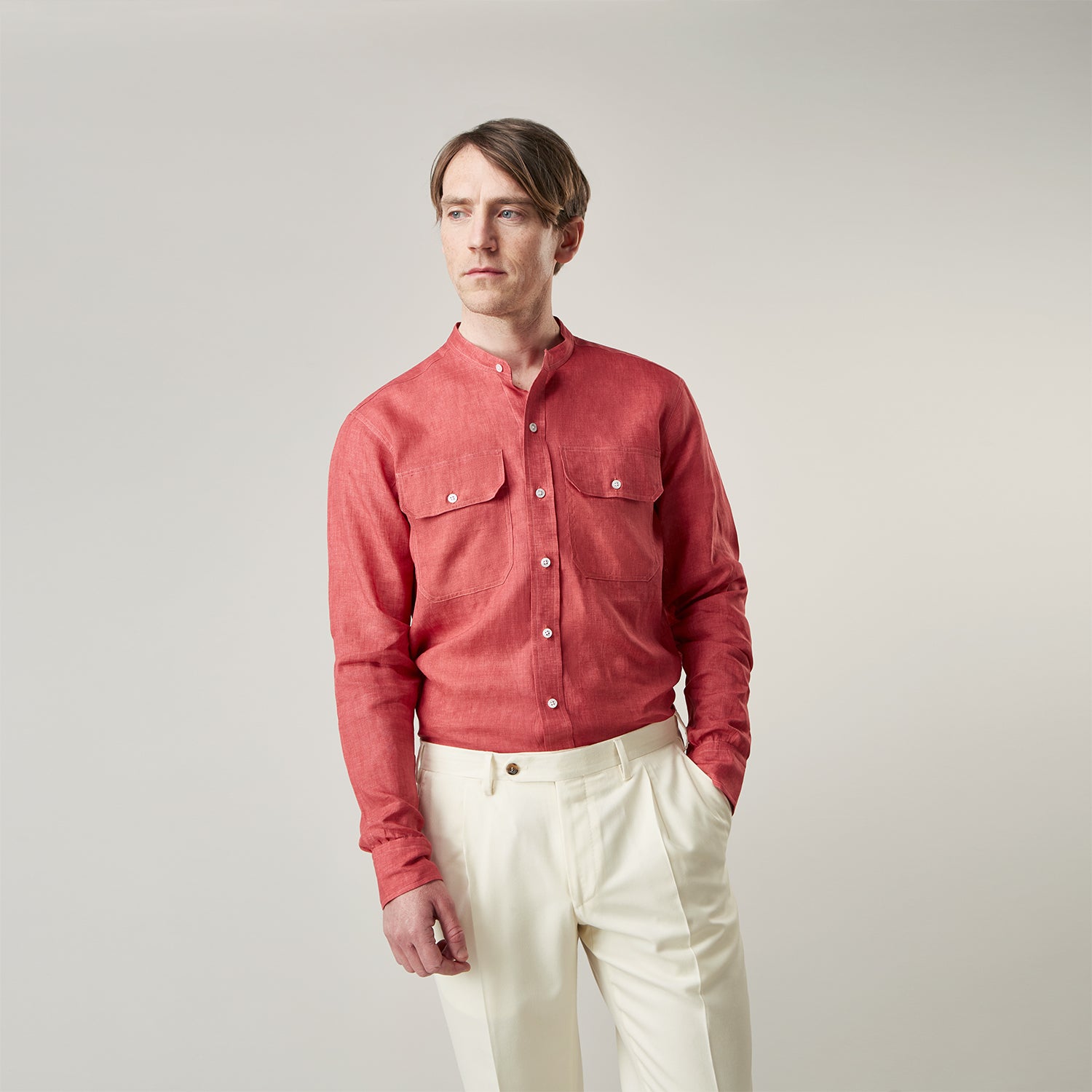 Plain Red Linen Weekend Fit Shirt with Stand Collar