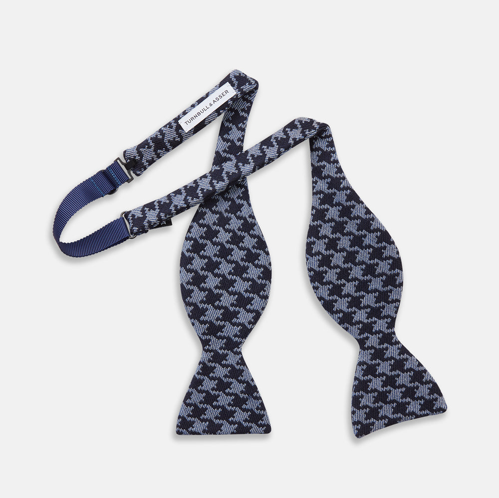 Navy and Blue Houndstooth Wool Blend Bow Tie