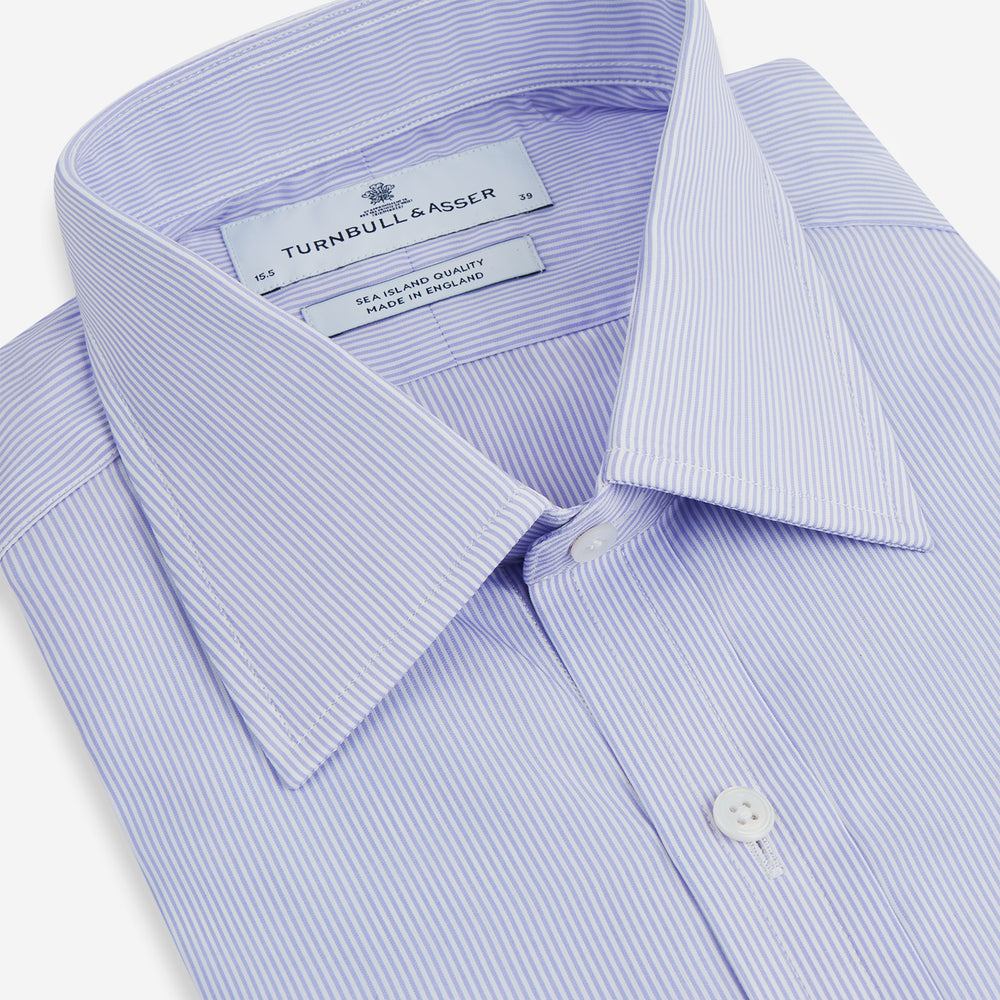 Blue and White Fine Bengal Stripe Sea Island Quality Cotton Shirt with T&amp;A Collar and 3-Button Cuffs