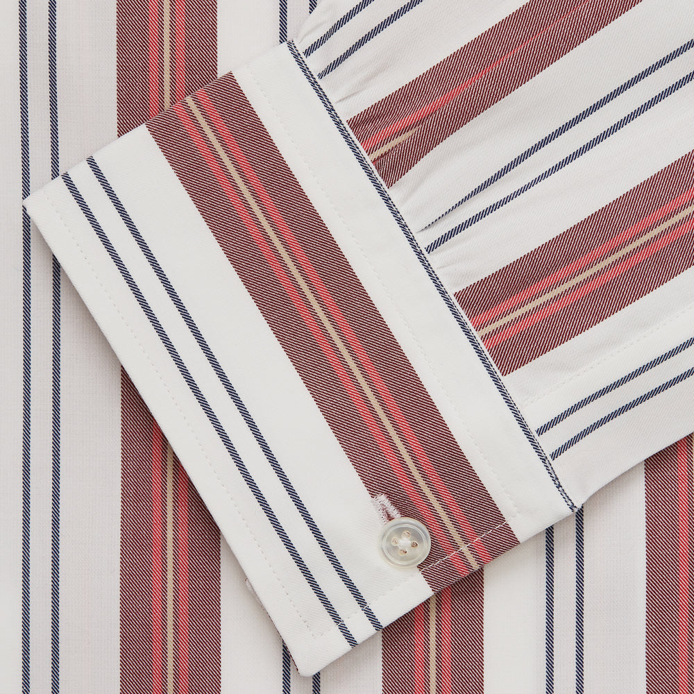 Red, Blue & White Stripe Weekend Fit Shirt with Derby Collar & 1-Button Cuffs