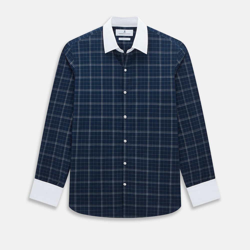 Indigo Windowpane Check Windsor Shirt with Constrast T&A Collar and Cuffs