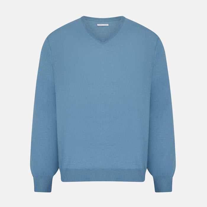 Pale Blue Fine Merino V-Neck Jumper Image 4