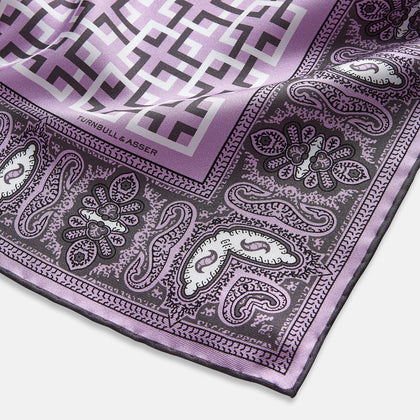 Lilac Square-Patterned and Paisley Patterned Silk Pocket Square