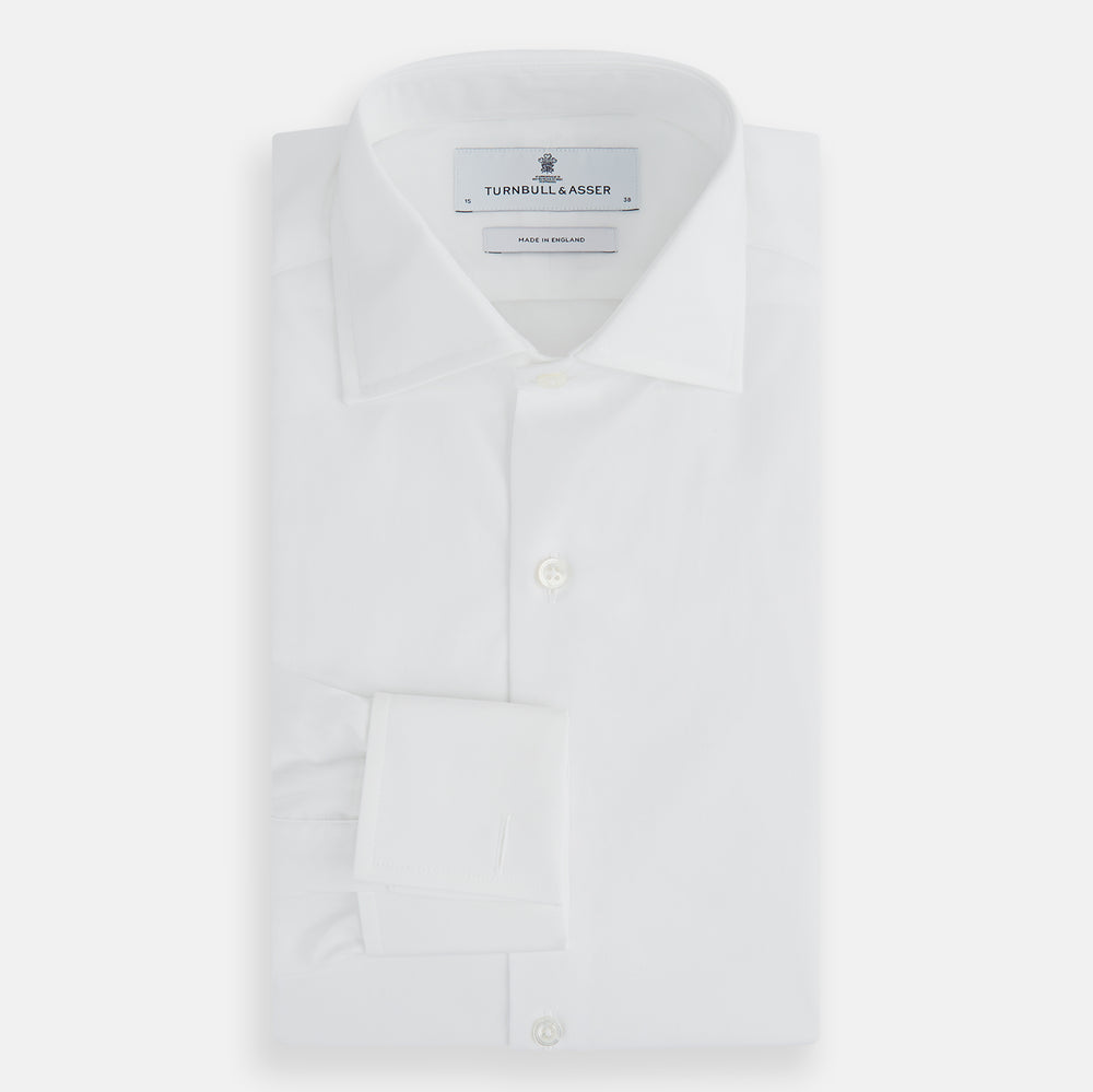 Tailored Fit Plain White Cotton Shirt with Kent Collar and Double Cuffs