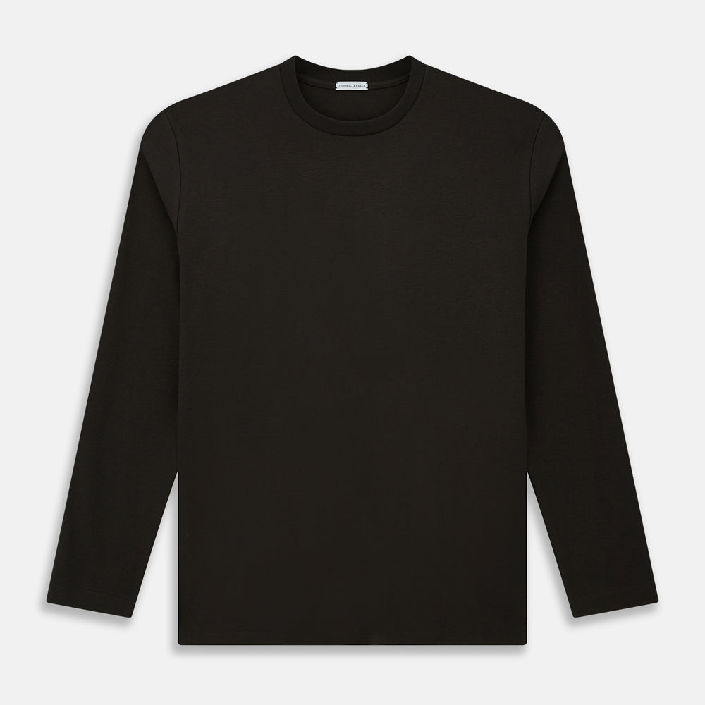 The Turnbull & Asser Dark Chocolate Long-Sleeve T-shirt features a minimalist crew neck design with no visible logos or patterns, shown laid flat on a white background for a versatile, understated look.