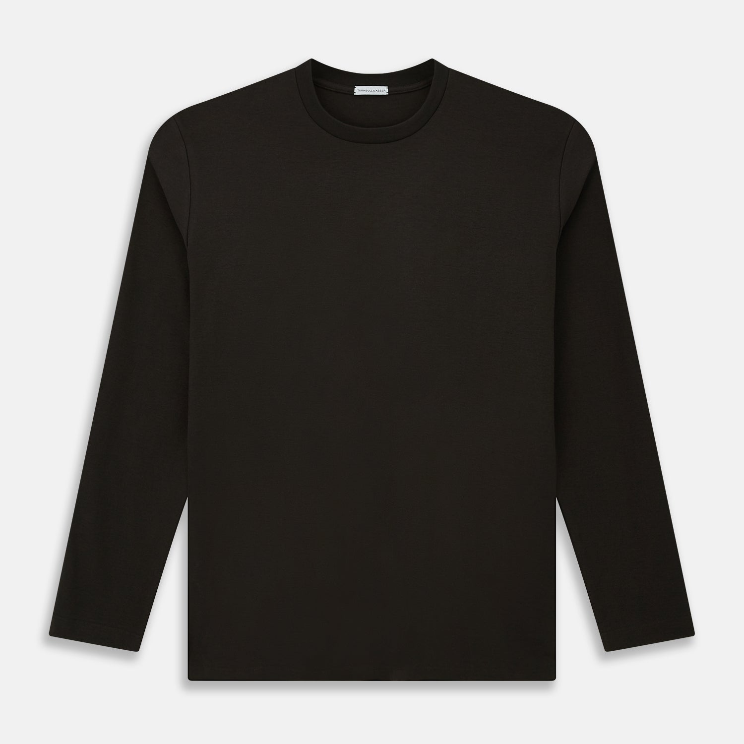 View 1 of product The Turnbull & Asser Dark Chocolate Long-Sleeve T-shirt features a minimalist crew neck design with no visible logos or patterns, shown laid flat on a white background for a versatile, understated look.
