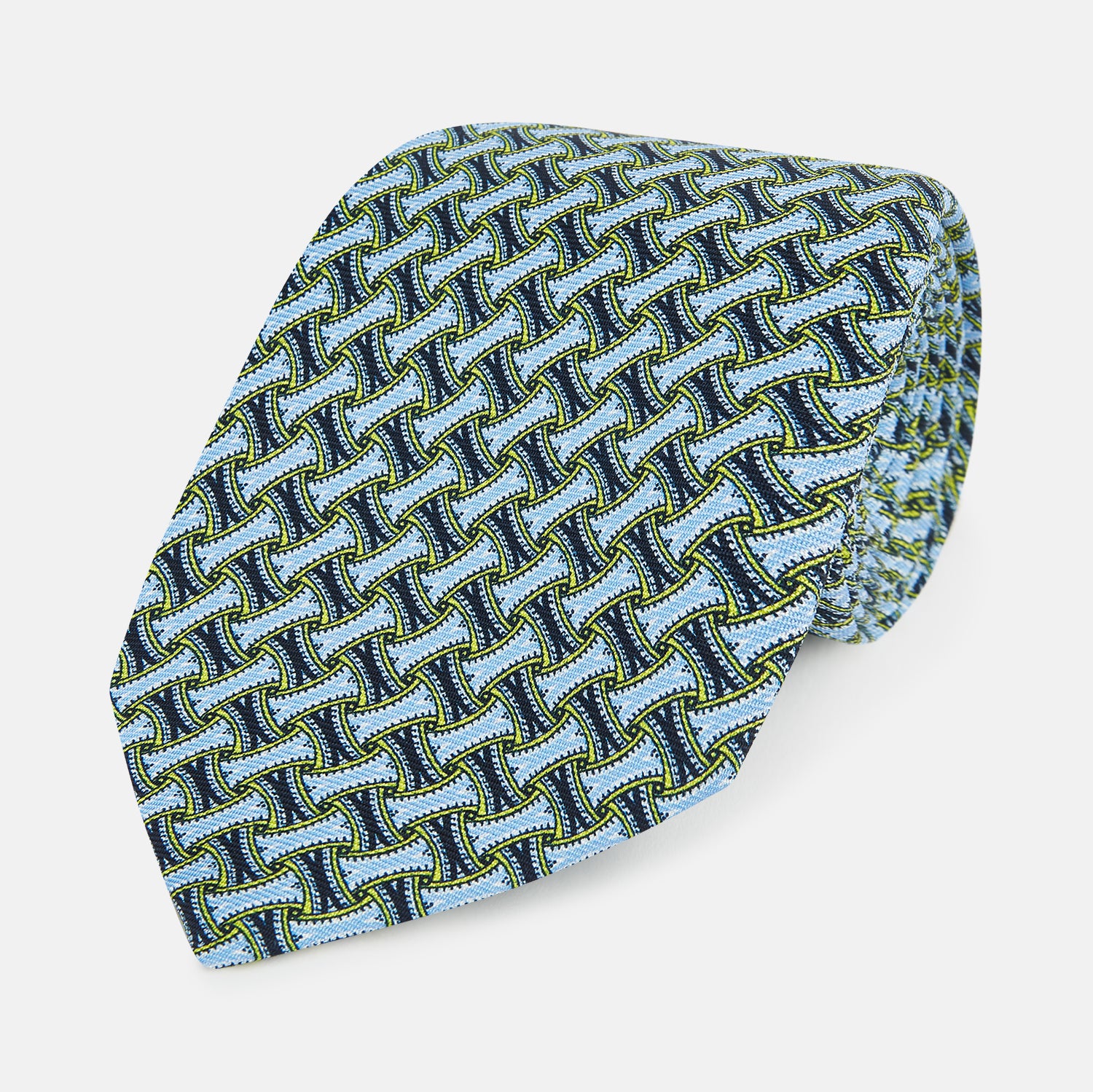 View 1 of product Light Blue and Chartreuse Lemon Weave Patterned Silk Tie