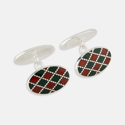 Forest Green and Burgundy Checkered Oval Enamel Chain Cufflinks