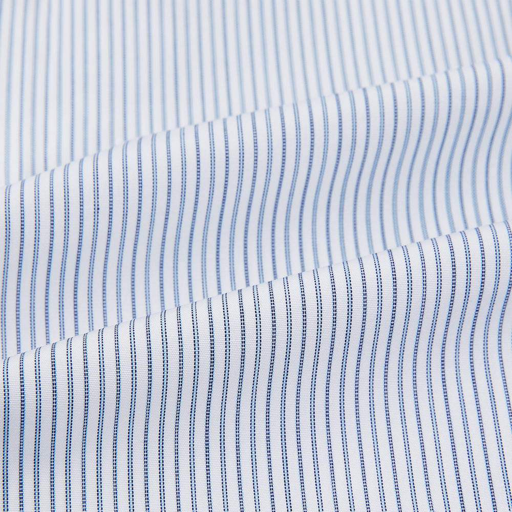 Navy and Blue Ticking Stripe Shirt with Contrast Collar and Double Cuffs