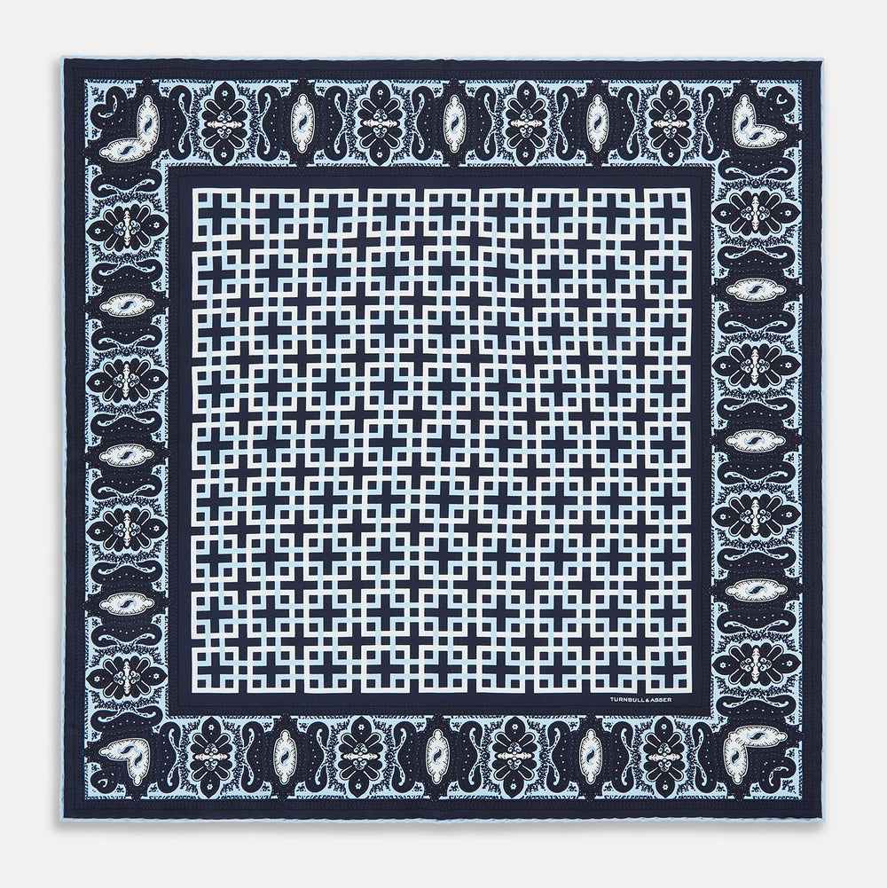 Navy Square-Patterned and Paisley Patterned Silk Pocket Square