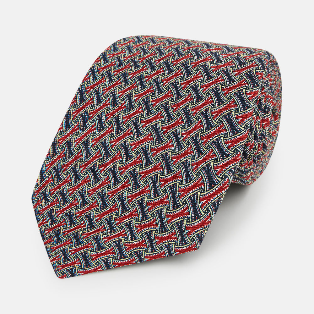 Red and Navy Weave-Patterned Printed Silk Tie