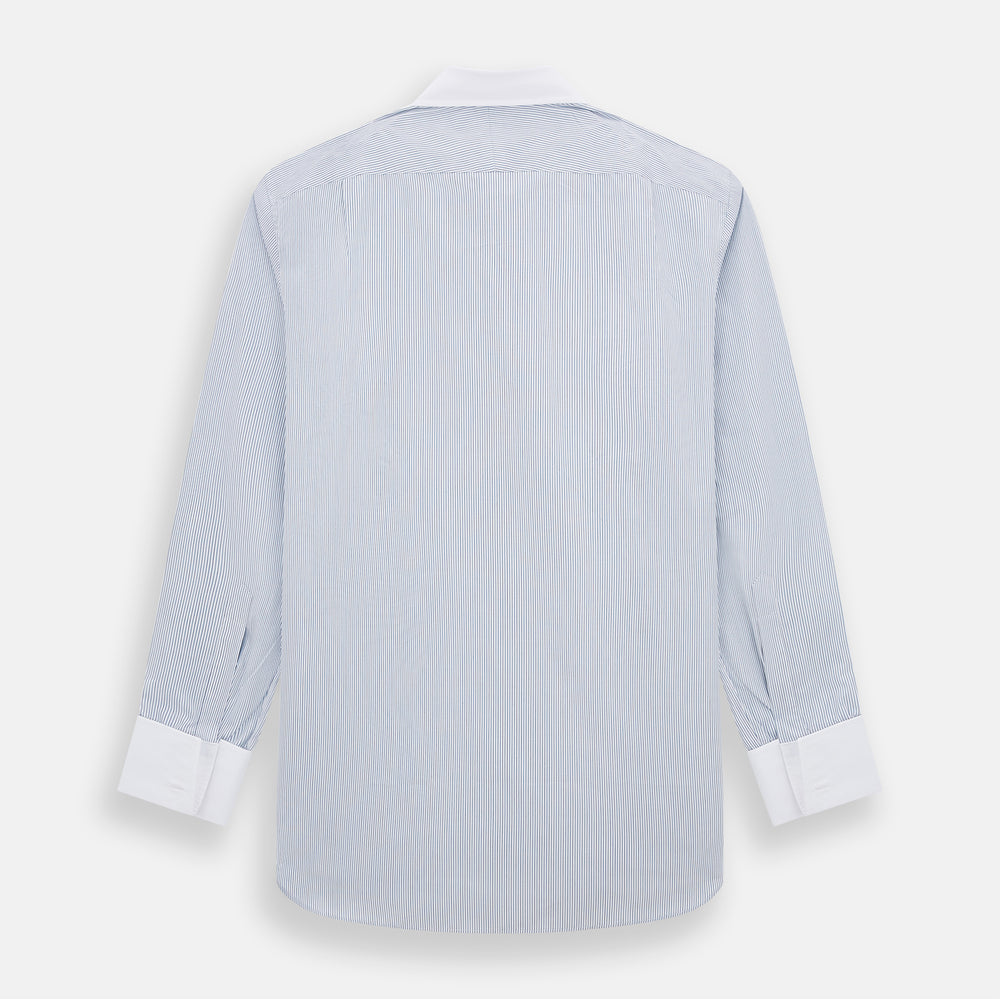 Navy and Blue Ticking Stripe Shirt with Contrast Collar and Double Cuffs