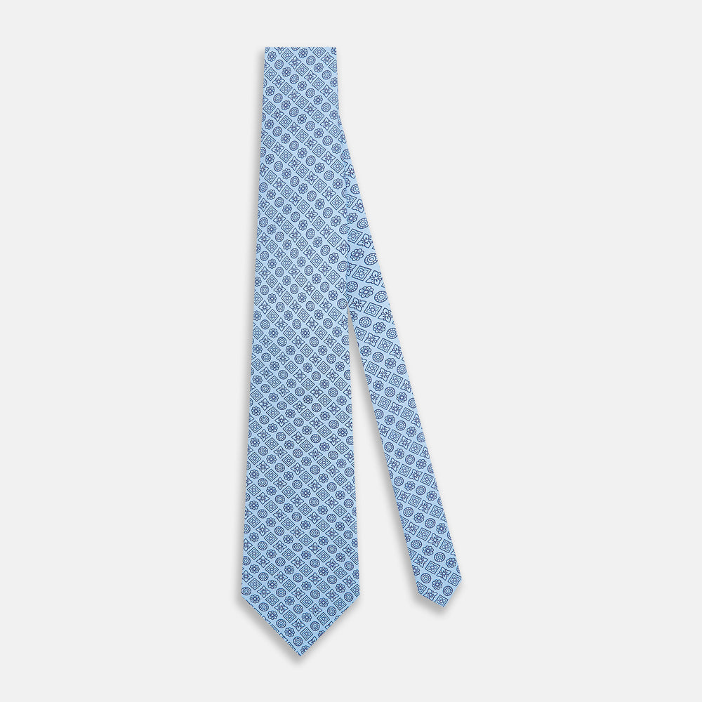 Blue Floral Tile Pattern Printed Silk Tie