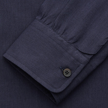 Navy Military Weekend Fit Cotton & Wool Shirt with Stand Collar and 1 Button Cuffs Image 2