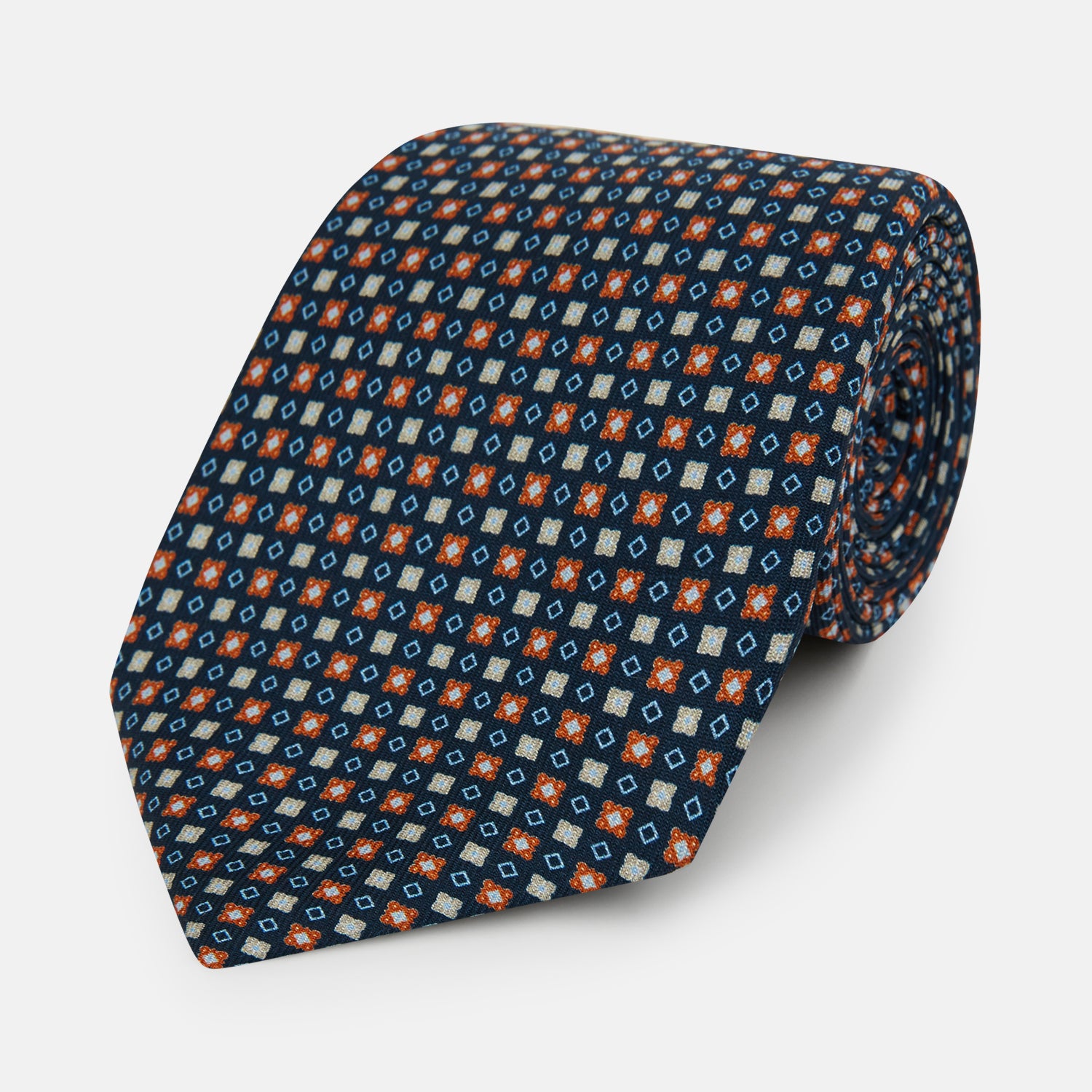View 1 of product Navy and Orange Geometric Motif Silk Tie
