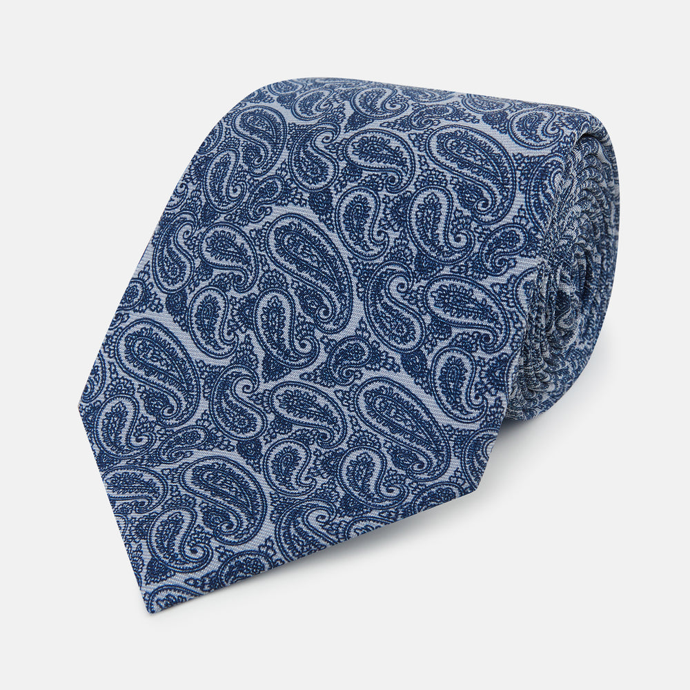 Pale Blue Paisley Printed Silk Tie