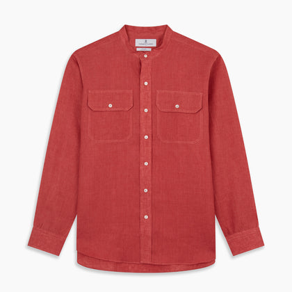 Plain Red Linen Weekend Fit Shirt with Stand Collar Image 8