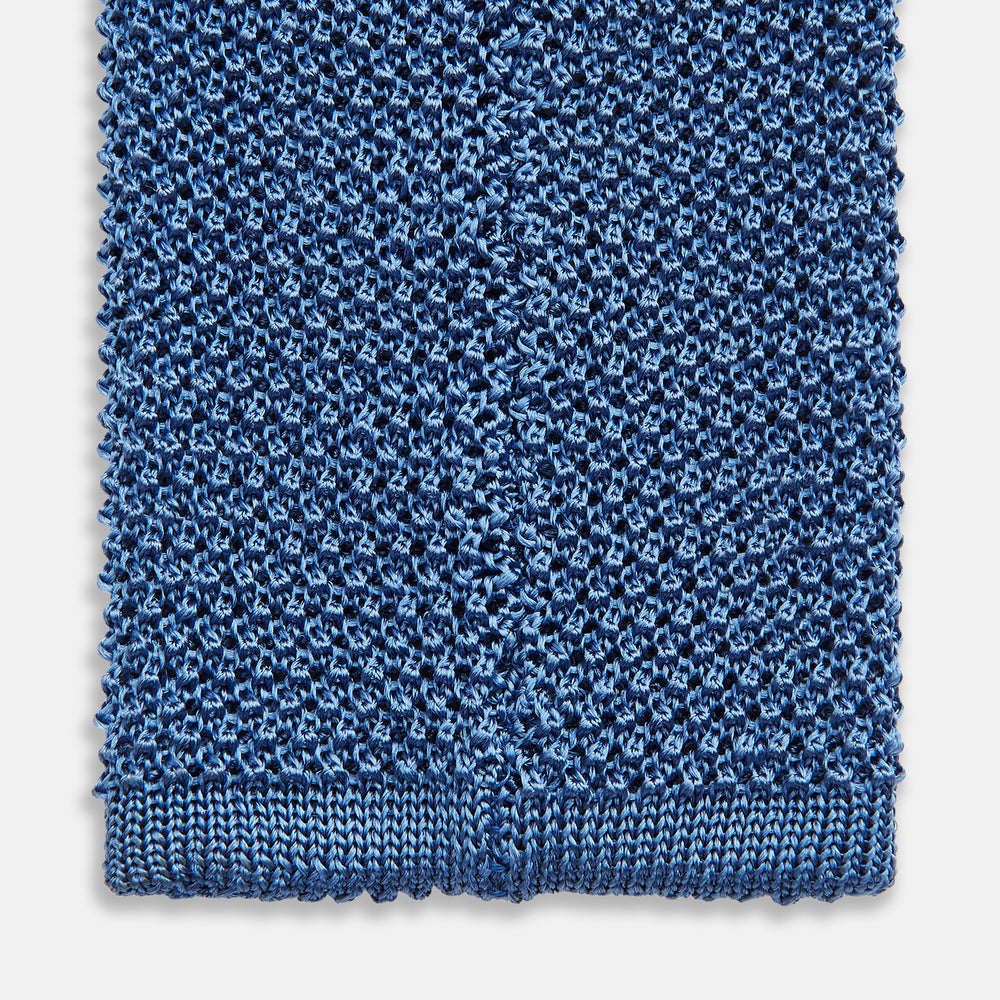KNITTED MID BLUE SILK PLAIN TIE