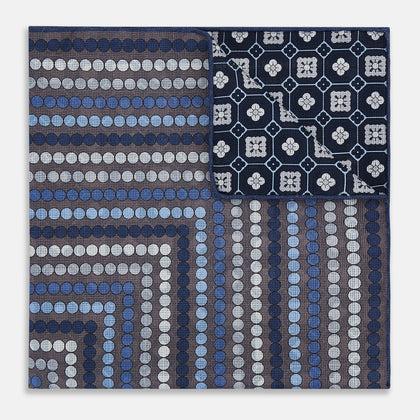 Ash Dots and Floral Tile Double-Sided Silk Pocket Square