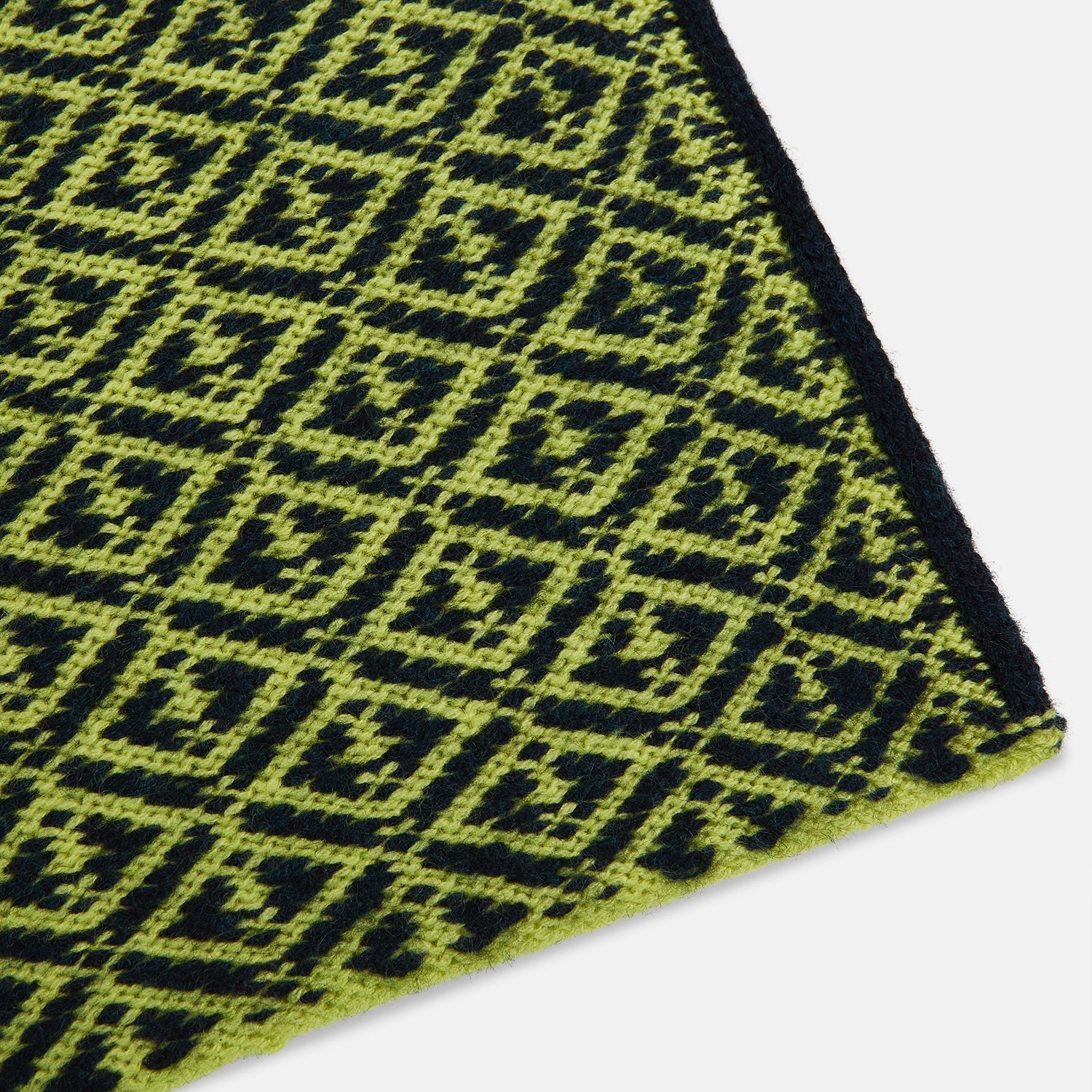 View 2 of product Petrol Green and Chartreuse Diamond-Patterned Cashmere Knitted Scarf