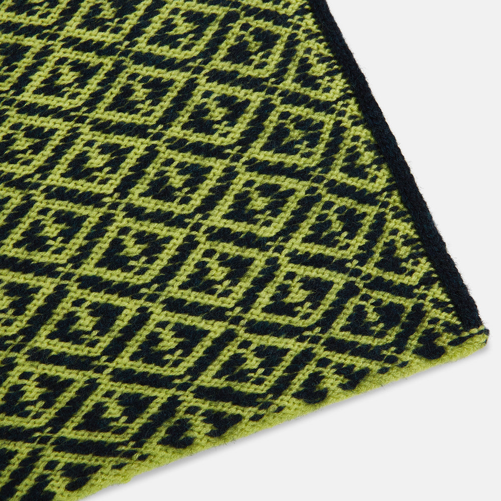 Petrol Green and Chartreuse Diamond-Patterned Cashmere Knitted Scarf