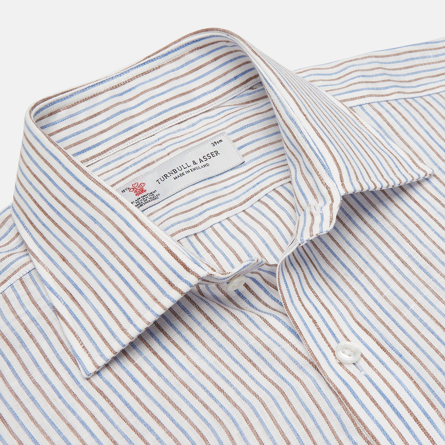 View 3 of product Brown and Blue Ticking Stripe Linen Shirt with POW Collar and 3-Button Cuffs