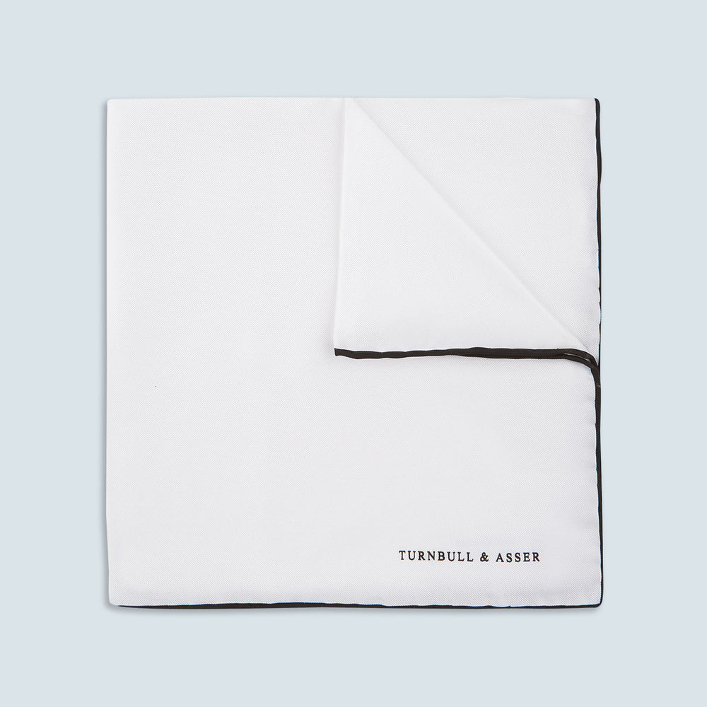 White and Black Piped Silk Pocket Square