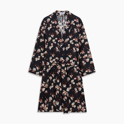 Navy Floral Pattern Linen Hayhurt Kimono Gown Image 5